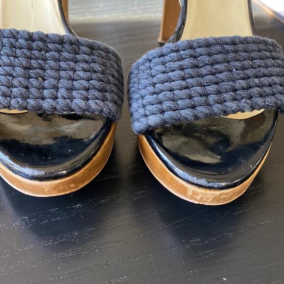 Stella McCartney Black & Tan Woven Platform Sandals 36 Wooden Heel Ankle Straps - Picture 11 of 12